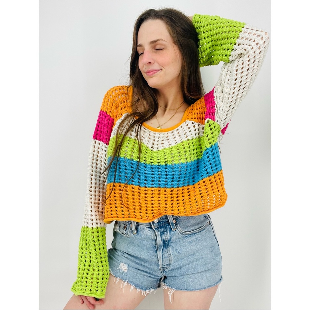 wild fable | Square Neck Pointelle Crocheted Pullover Colorblock Sweater Size L
